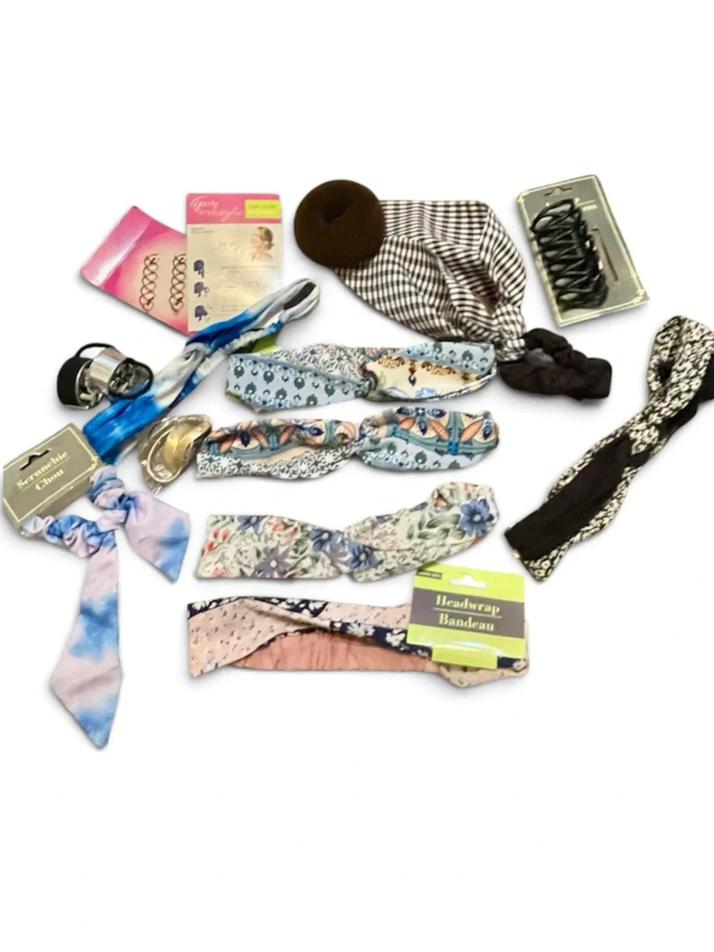 14 Hair items 6-Headbands/wraps, 2-Bow 3-metal Hair ties, Claw Clip, bun, misc